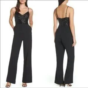 Eliza J Sequin Embellished Jumpsuit Wide Leg Black size 4 holiday contemporary